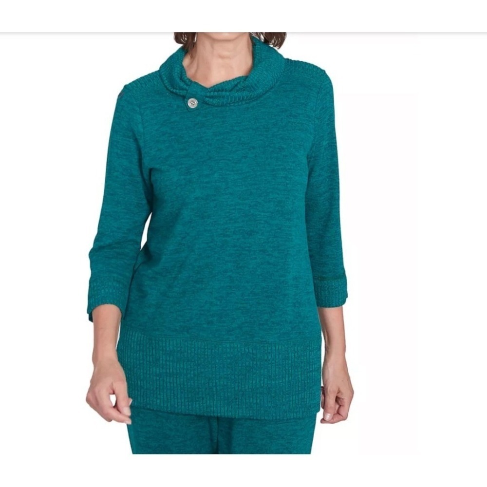 Alfred Dunner Petite PXL Teal Heathered Cowl Neck Button Accent‎ 3/4 Sleeve 3/4